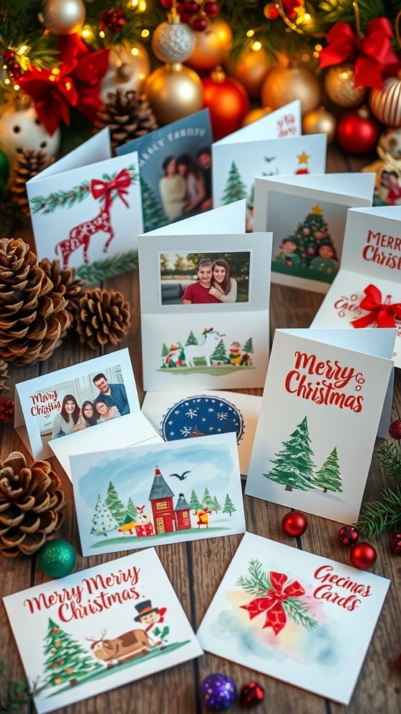 A collection of creative Christmas cards on a wooden table with holiday decorations.